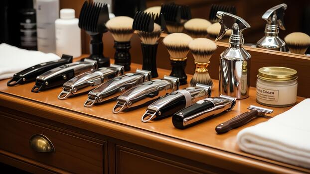 Home barber shop tools lined up on wooden countertop ready for use photo